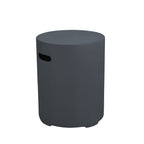 A dark gray cylindrical side table or stool with a cutout handle on the side, shown against a plain white background.