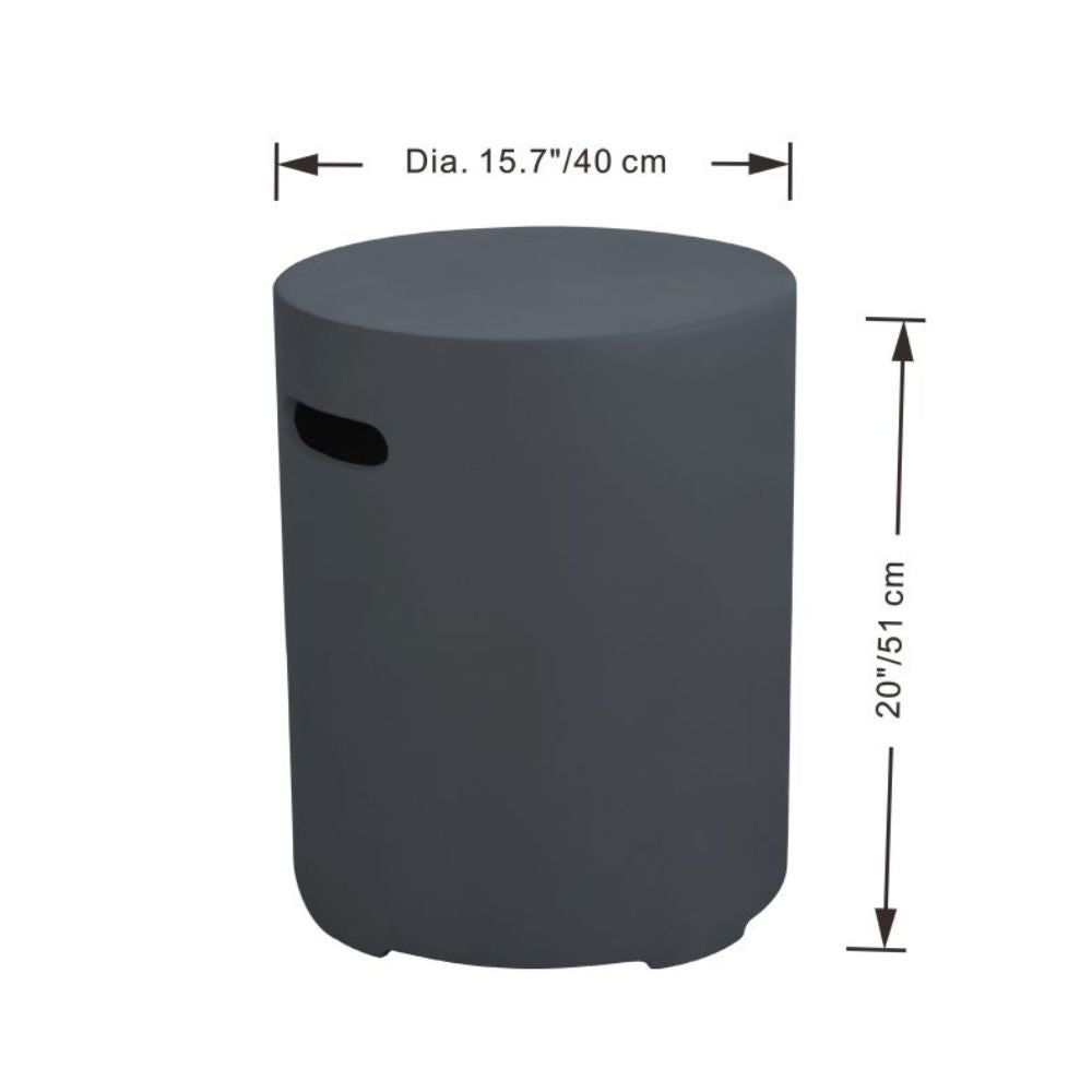 Gray cylindrical stool with dimensions labeled on a white background