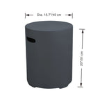 Gray cylindrical stool with dimensions labeled on a white background