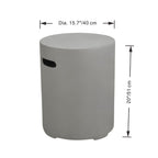 A light gray cylindrical side table with a small black handle cutout on the side, shown with dimension lines indicating a diameter of 15.7" (40 cm) and a height of 20" (51 cm) on a white background.