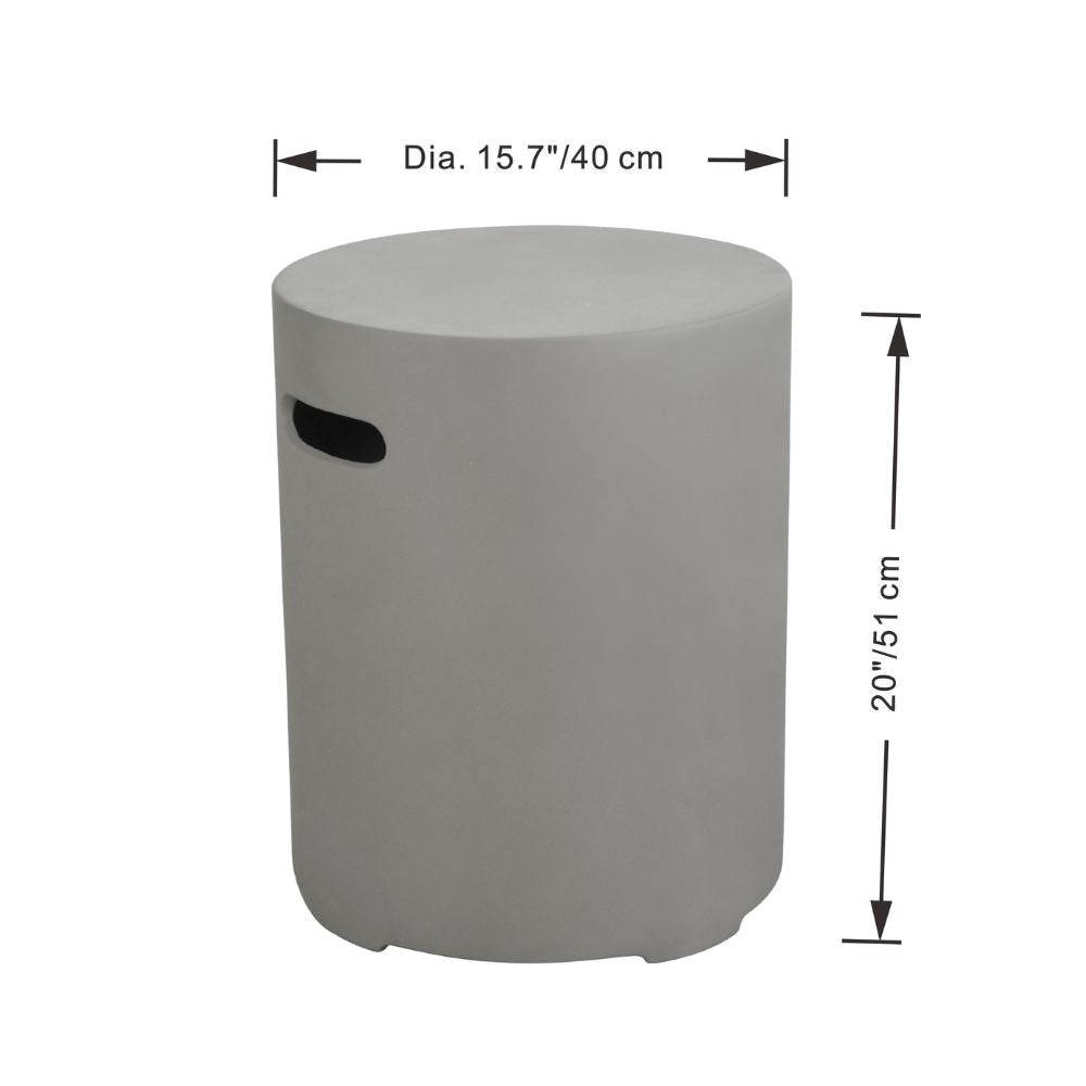 A light gray cylindrical side table with a small black handle cutout on the side, shown with dimension lines indicating a diameter of 15.7" (40 cm) and a height of 20" (51 cm) on a white background.