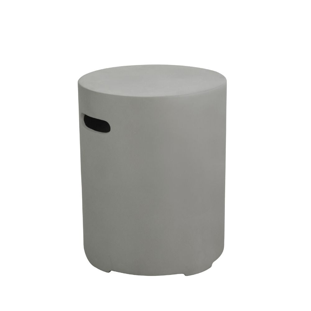 A minimalist cylindrical side stool in a light gray concrete finish, featuring a small black oval cutout on the side, set against a plain white background.