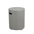 A minimalist cylindrical side stool in a light gray concrete finish, featuring a small black oval cutout on the side, set against a plain white background.