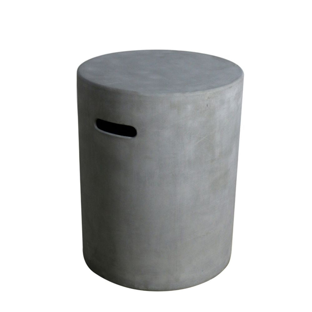 A round concrete stool with a textured gray finish and a cutout handle on the side, shown against a plain white background.