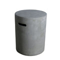 A round concrete stool with a textured gray finish and a cutout handle on the side, shown against a plain white background.