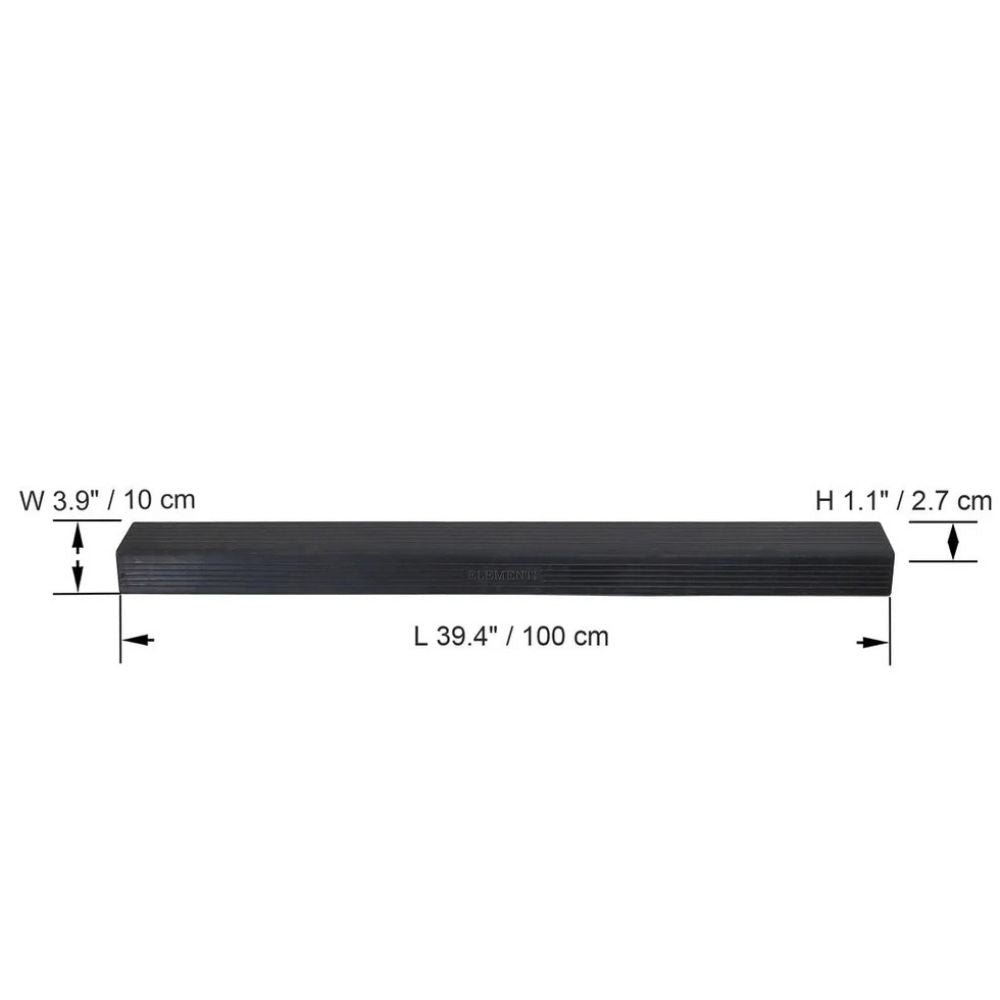 A black rectangular strip shown on a white background with dimension labels and arrows indicating width 3.9 inches (10 cm), height 1.