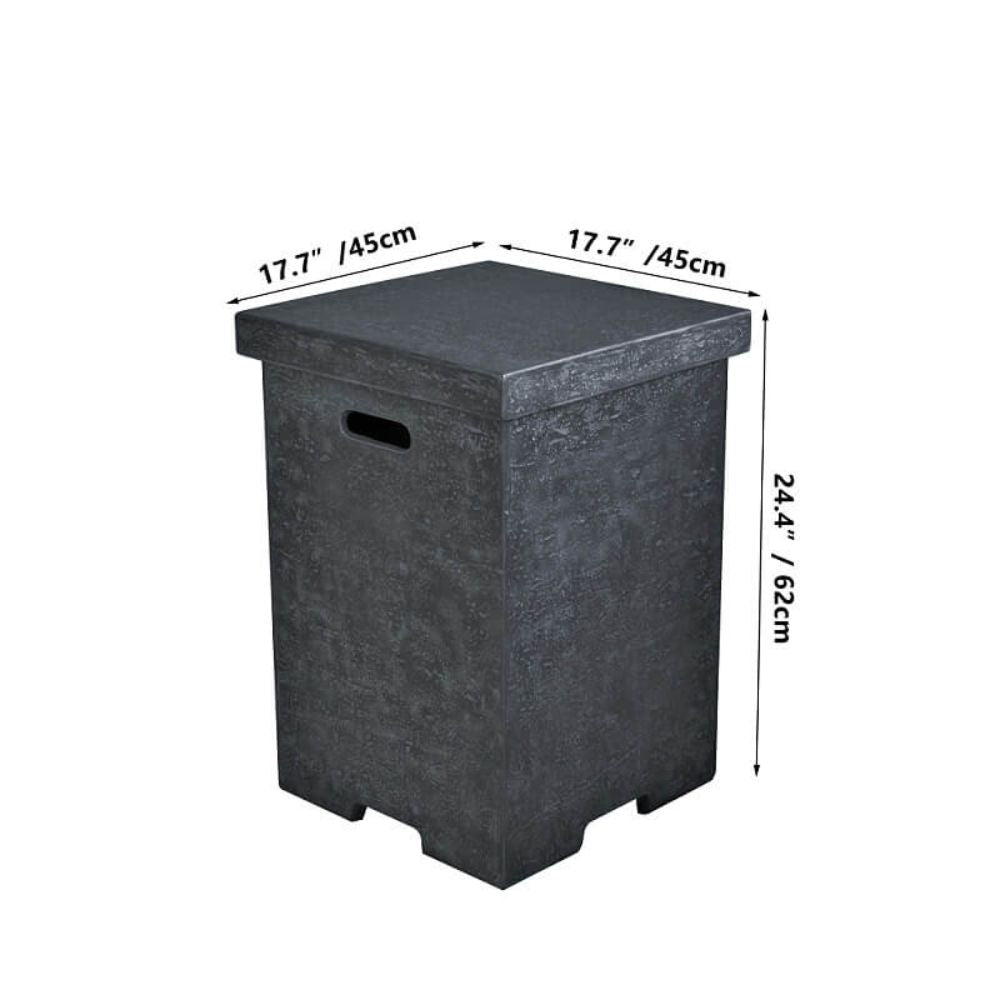 A dark gray textured rectangular storage bin with a handle cutout, shown with dimension lines and labels indicating 17.7 inches by 17.