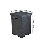 A dark gray textured rectangular storage bin with a handle cutout, shown with dimension lines and labels indicating 17.7 inches by 17.