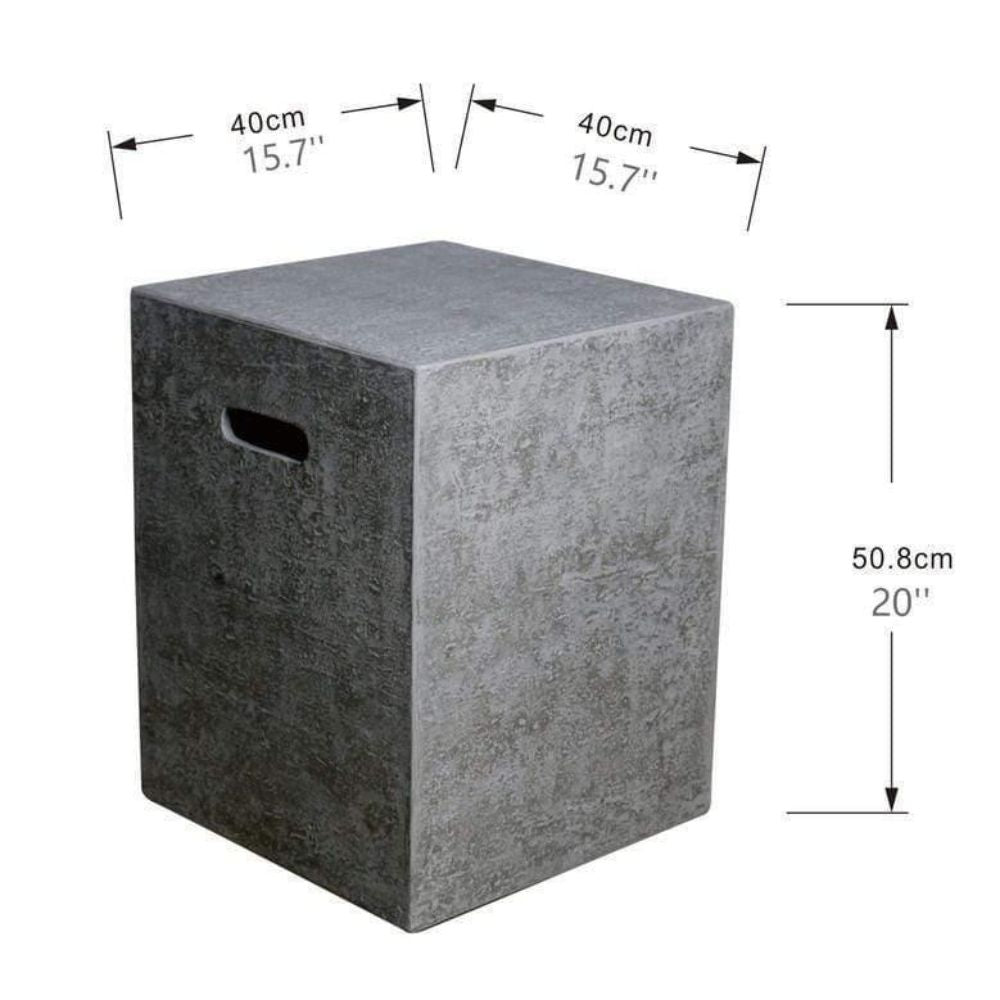 Concrete cube stool with dimensions labeled on a white background