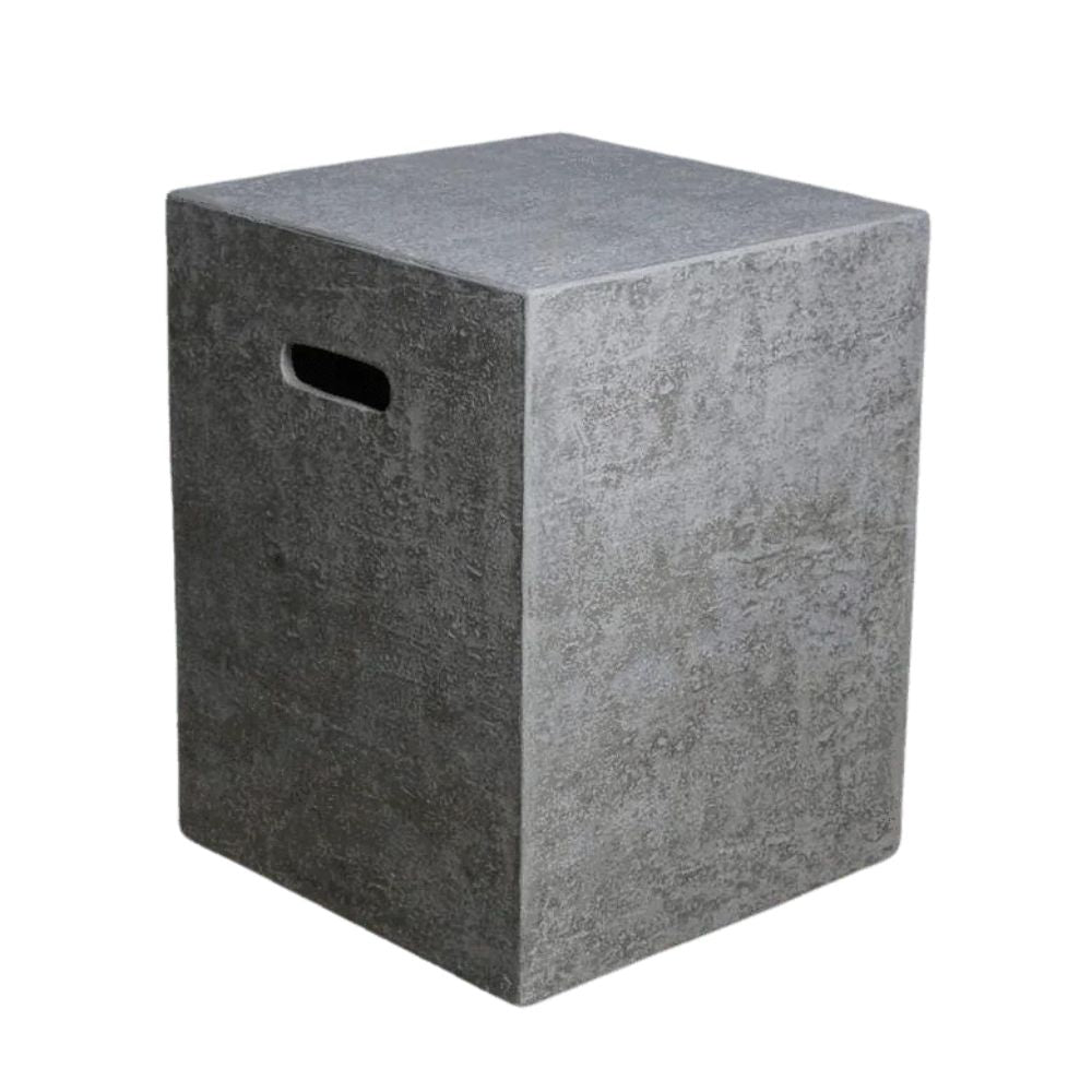 A square concrete-look stool or side table in textured gray, featuring a recessed handle cutout on one side, shown on a plain white background.