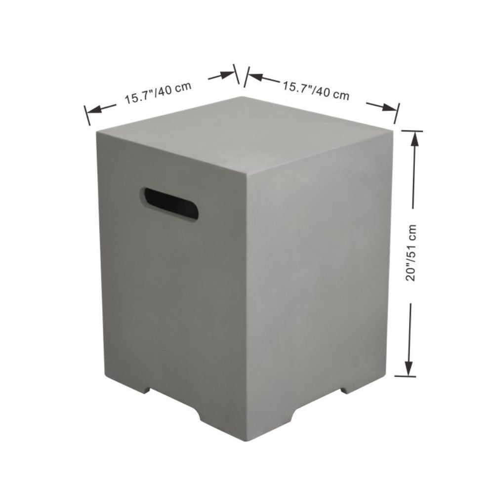 Gray cube-shaped stool with dimensions indicated on a white background