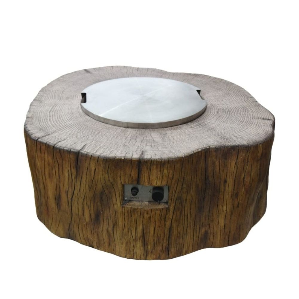 A rustic log-shaped fire pit table with a natural wood grain finish, a circular metal base, and a built-in power outlet on the side.