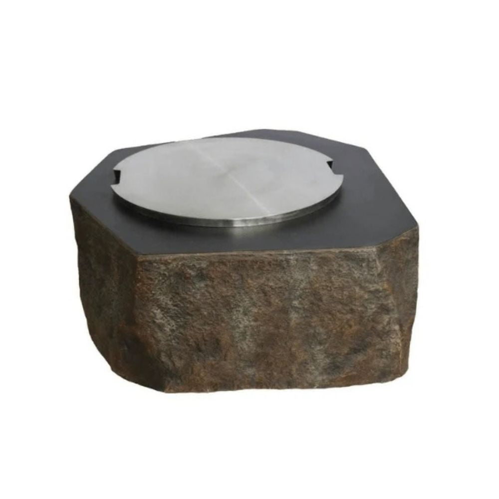 Hexagonal stone object with a metallic top on a white background