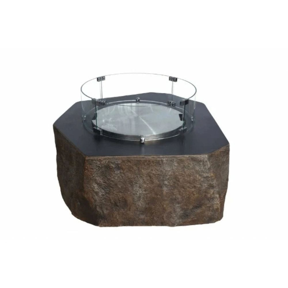 Hexagonal outdoor fire pit table with a dark charcoal metal base, a textured brown faux-stone surround, and a clear glass fire guard.