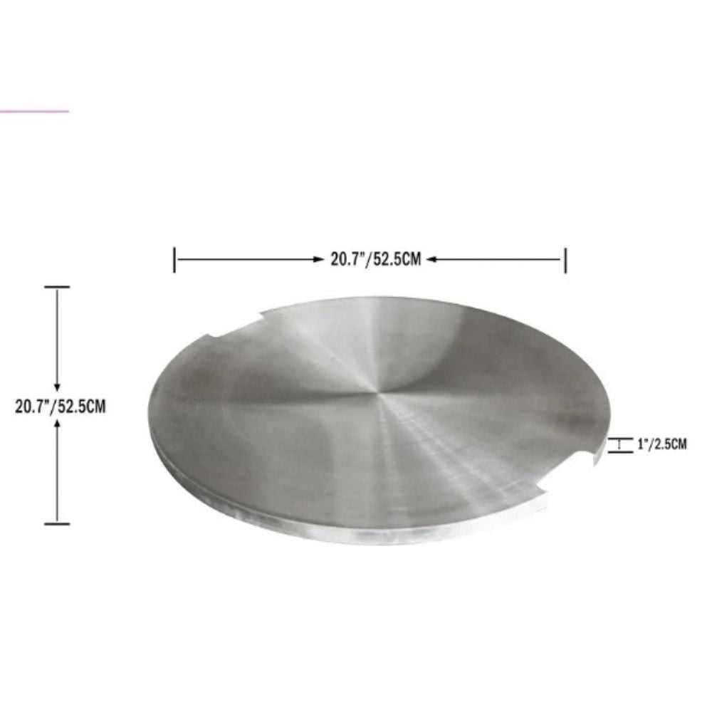 A round brushed-metal disc with a small notched edge, shown on a white background with dimension arrows and text indicating a diameter of 20.7 inches (52.