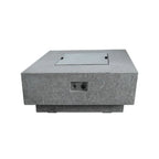 A square concrete outdoor fire pit table with a textured gray finish, featuring a recessed lid on top and a front-facing control or connector port, shown against a plain white background.