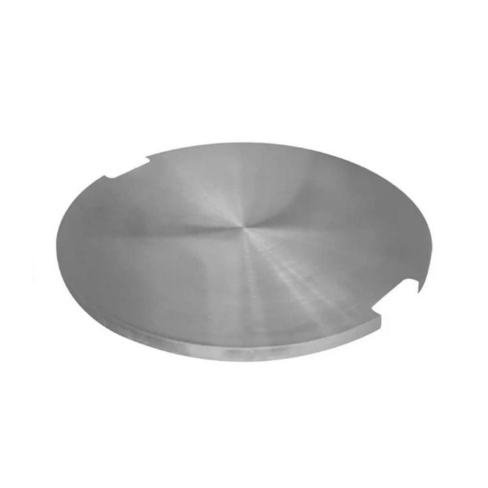 A round brushed metal disc with two small notched cutouts on the edges, shown on a plain white background.