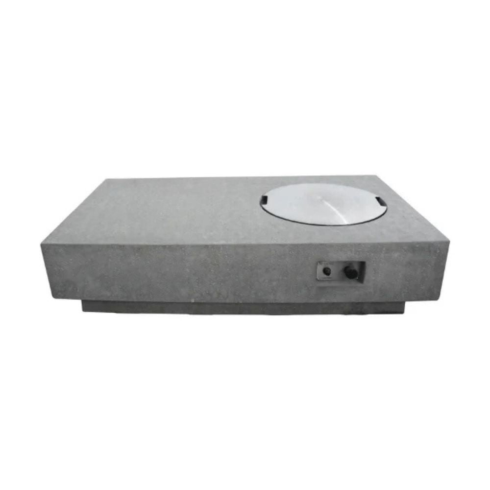 A rectangular gray concrete or stone planter box with a circular lid on top and a small side control or outlet, shown against a plain white background.