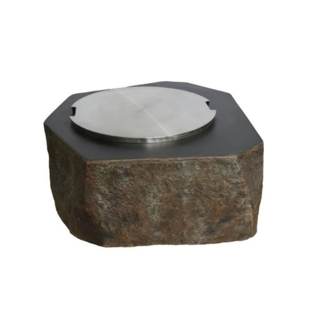 Hexagonal stone object with a metallic top on a white background