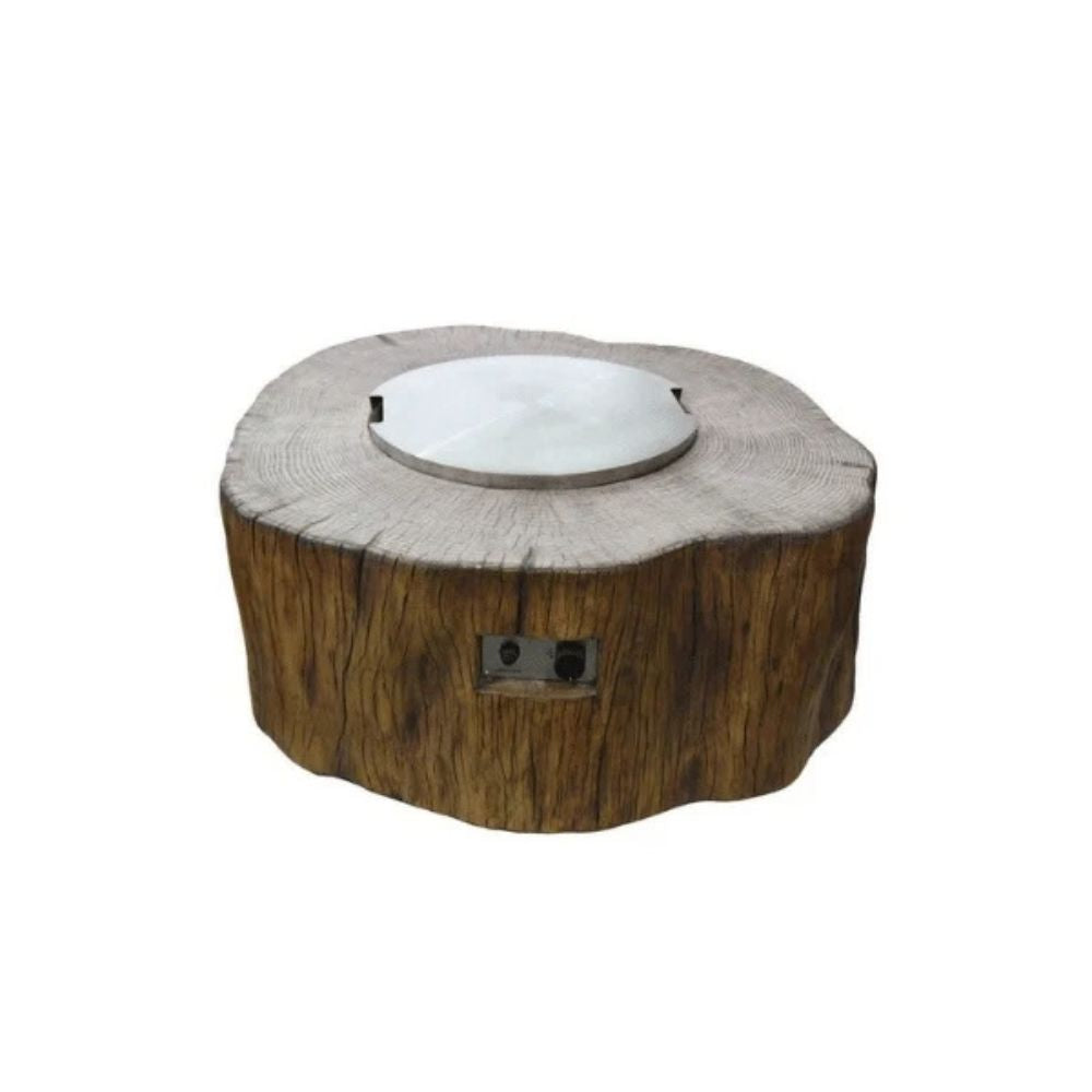 A rustic tree stump fire pit table with a circular metal insert on top, shown against a plain white background.