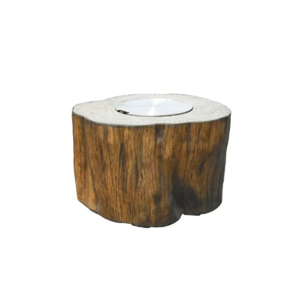 A rustic tree stump fire pit with a natural wood-grain body and a circular metal burner on top, isolated on a white background.