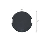 A circular dark gray Elementi mat with two notched cutouts, shown with dimension arrows indicating a 23-inch width and 23-inch height on a white background.