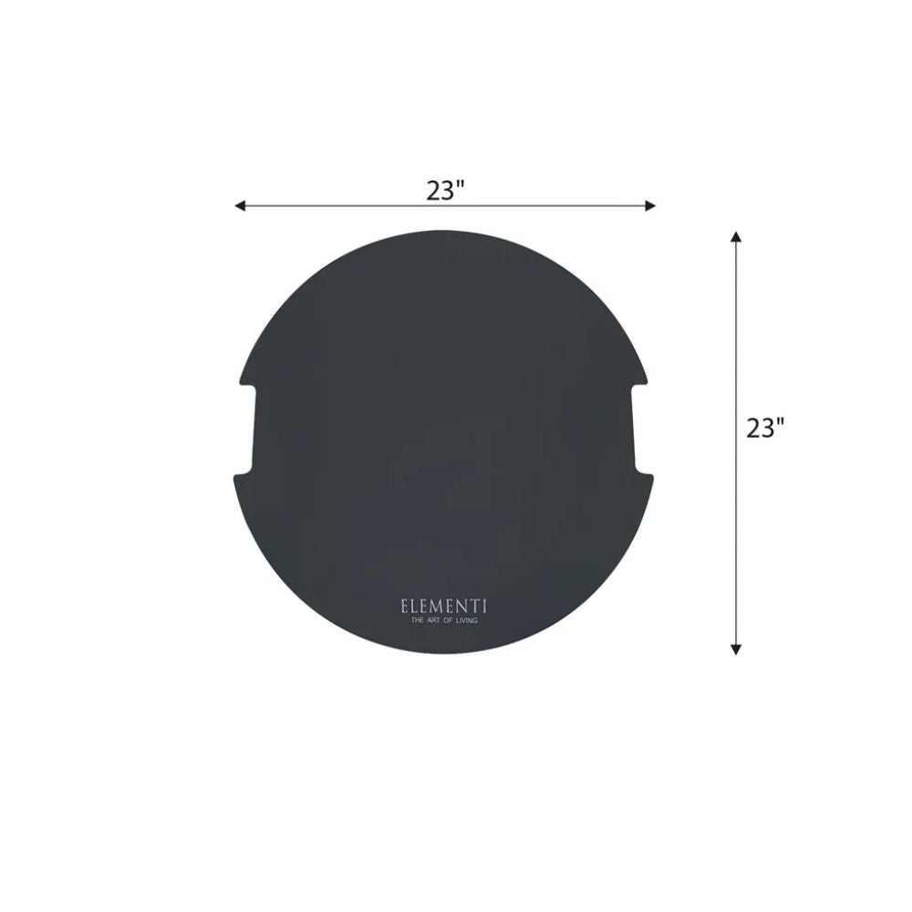 A circular dark gray Elementi mat with two notched cutouts, shown with dimension arrows indicating a 23-inch width and 23-inch height on a white background.