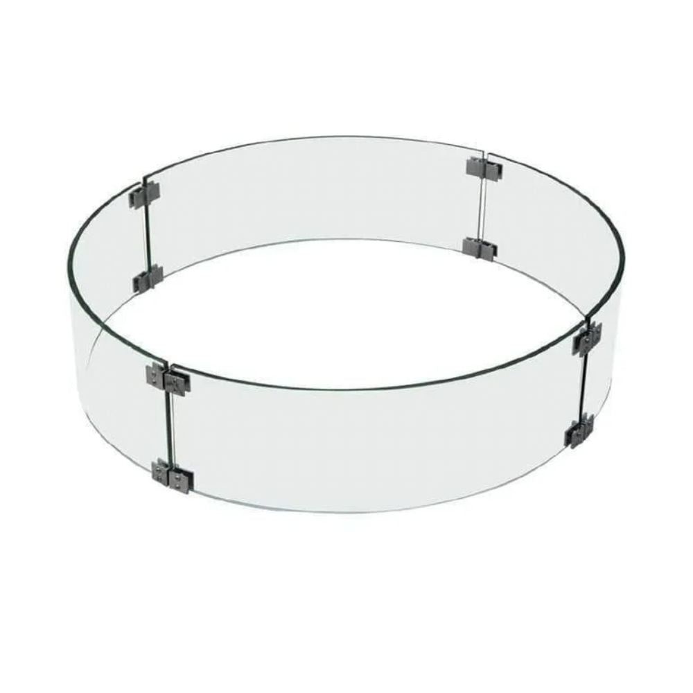 Clear glass circular ring with dark metal brackets connecting the panels, shown on a plain white background.