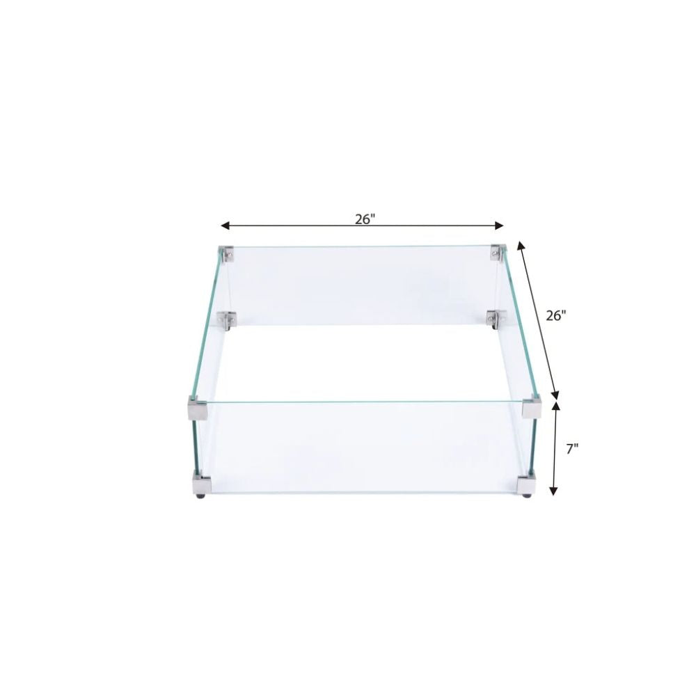 Glass display case with dimensions on a white background