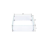 Glass display case with dimensions on a white background