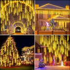 Collage of Christmas light decorations including a tunnel, house exterior, and tree.