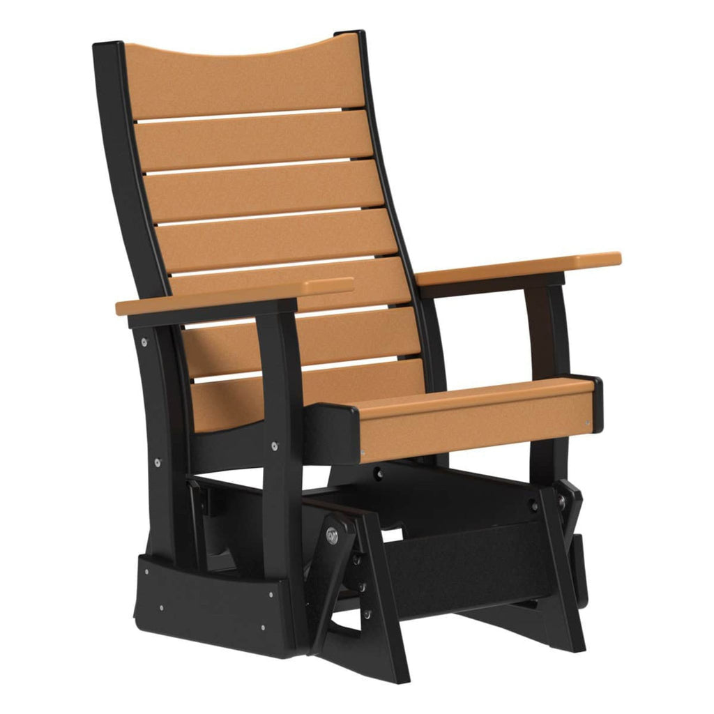 Chair with brown slats and black frame on a white background