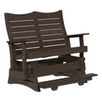 A dark brown slatted outdoor glider chair with armrests and a footrest, shown on a plain white background.