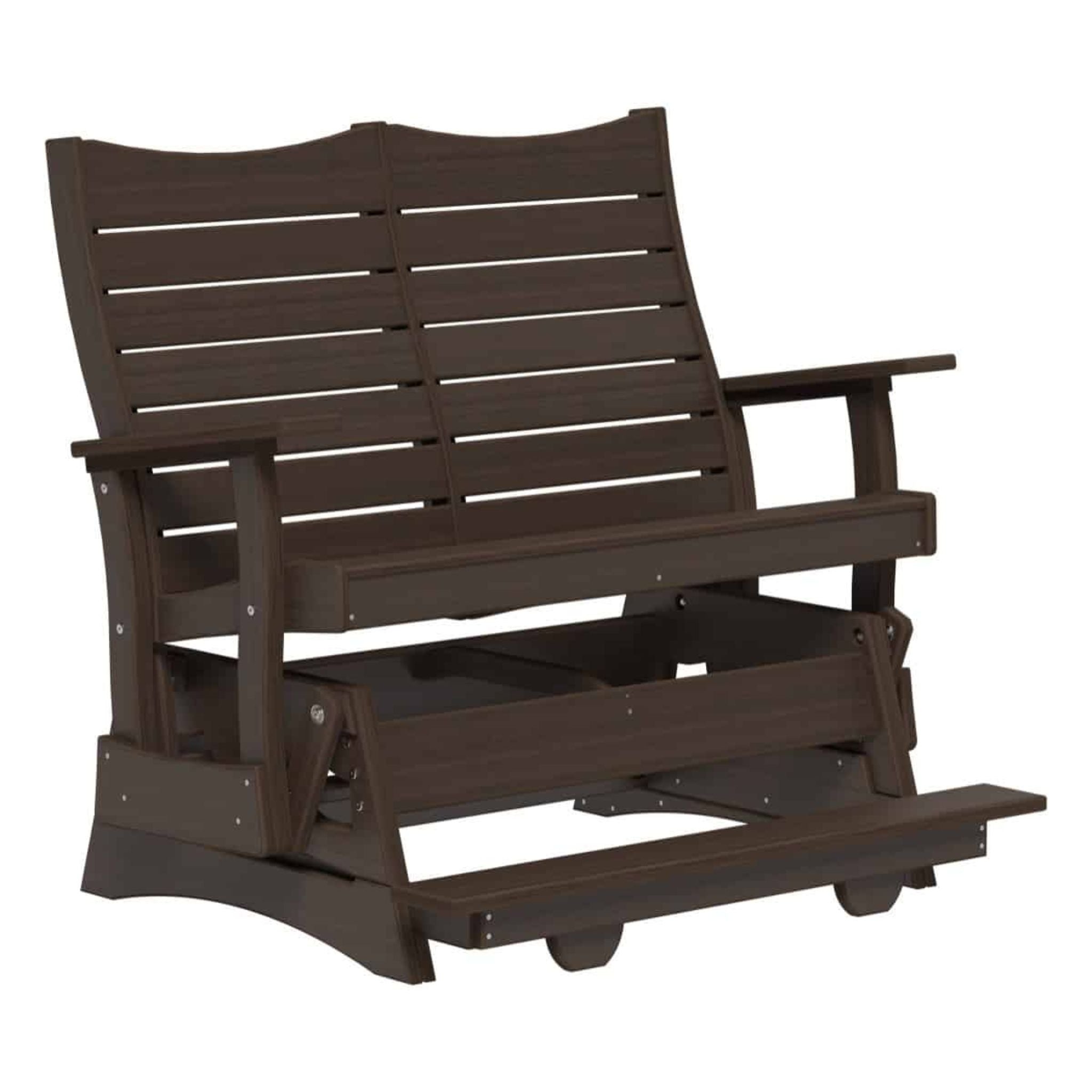 A dark brown slatted outdoor glider chair with armrests and a footrest, shown on a plain white background.