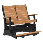 Two-seater bench with brown slats and black frame on a white background