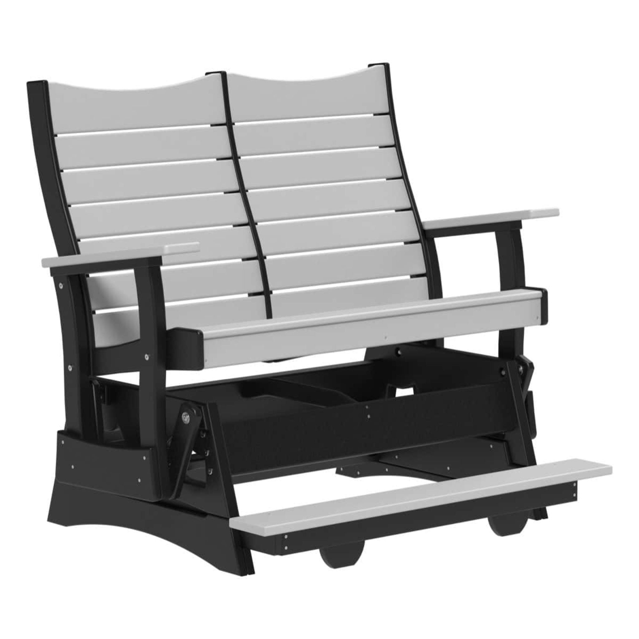Black and gray outdoor bench with storage compartment on a white background