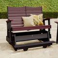 Wooden bench with cushions on a stone patio
