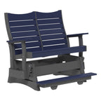 Blue and gray outdoor bench with reclining feature on a white background