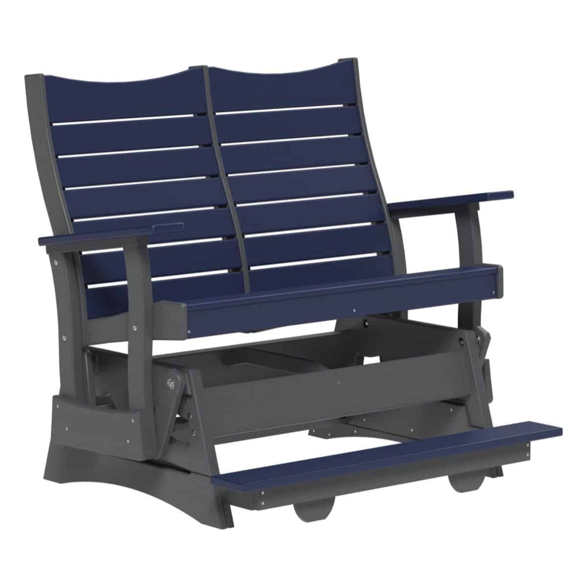 Blue and gray outdoor bench with reclining feature on a white background