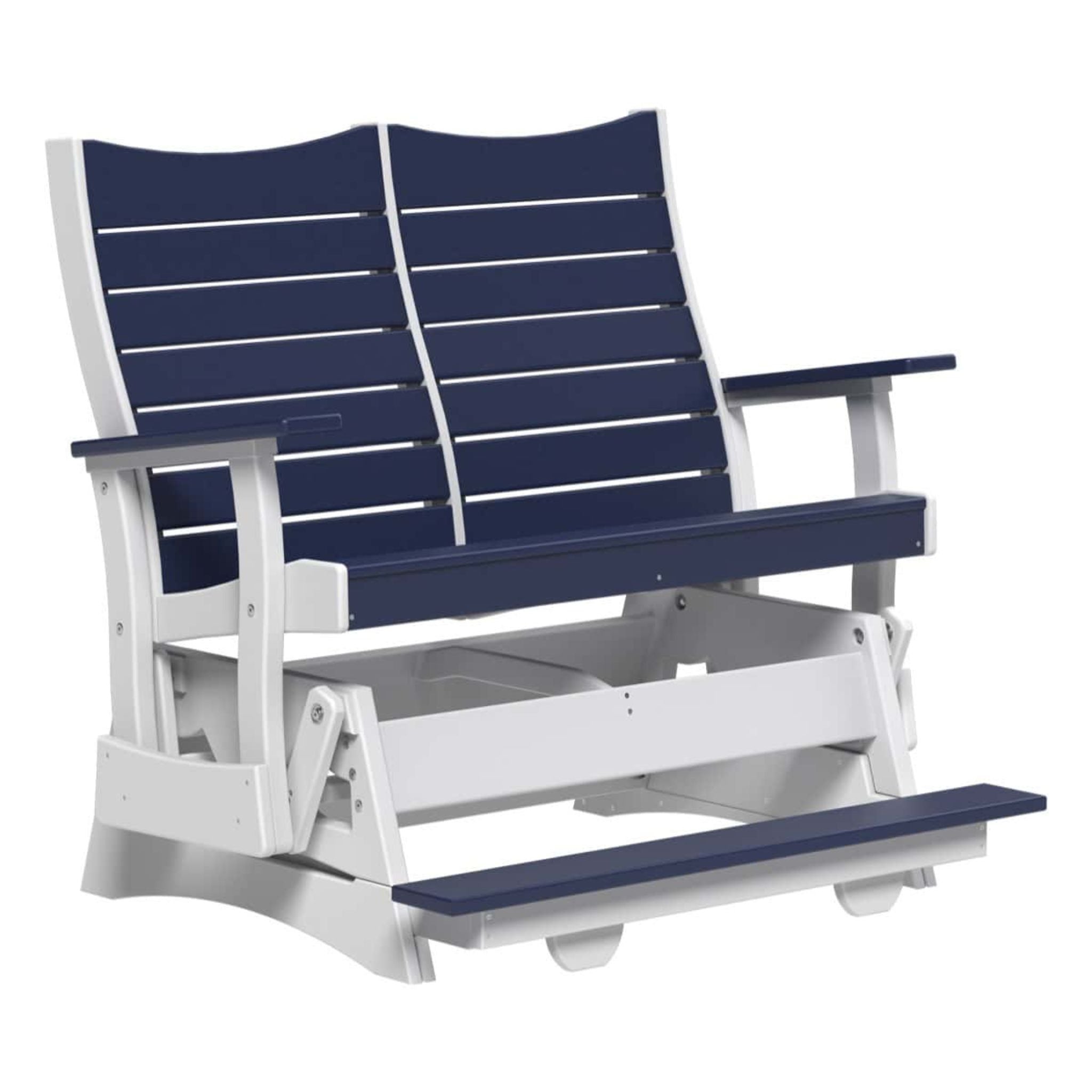 Blue and white outdoor chair with a bench on a white background