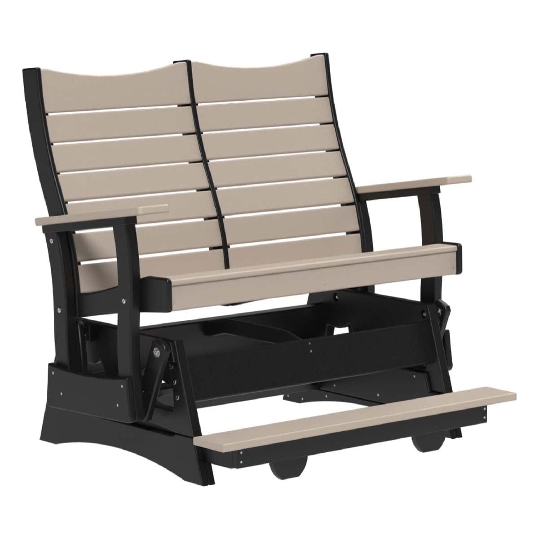Two-seater outdoor bench with beige slats and black frame on a white background