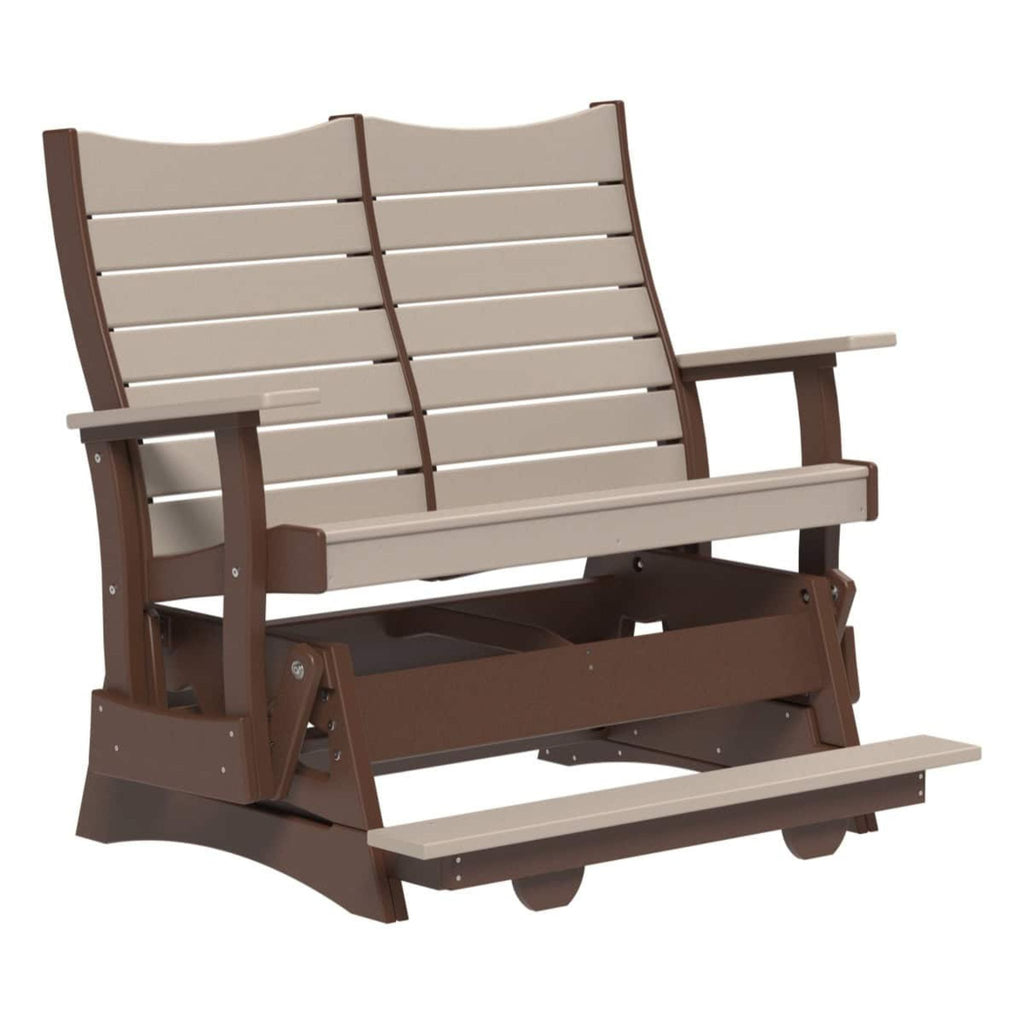 A two-seater outdoor glider bench with a brown frame and light beige slatted seat and backrest, shown on a plain white background.