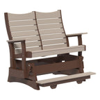 A two-seater outdoor glider bench with a brown frame and light beige slatted seat and backrest, shown on a plain white background.