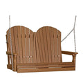 A brown wooden porch swing bench with a slatted backrest and sides, suspended by metal chains against a plain white background.