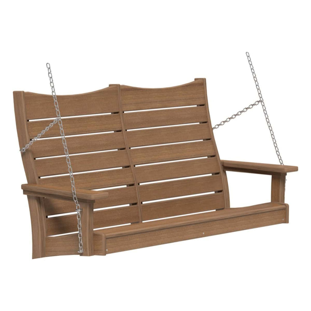 Wooden porch swing with chains on a white background