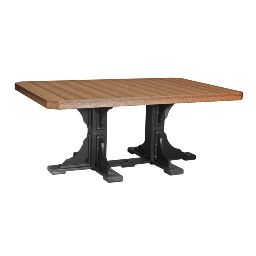 A rectangular outdoor dining table with a warm brown composite wood slatted top and a heavy black metal trestle base, shown on a plain white background.
