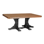 A rectangular outdoor dining table with a warm brown composite wood slatted top and a heavy black metal trestle base, shown on a plain white background.