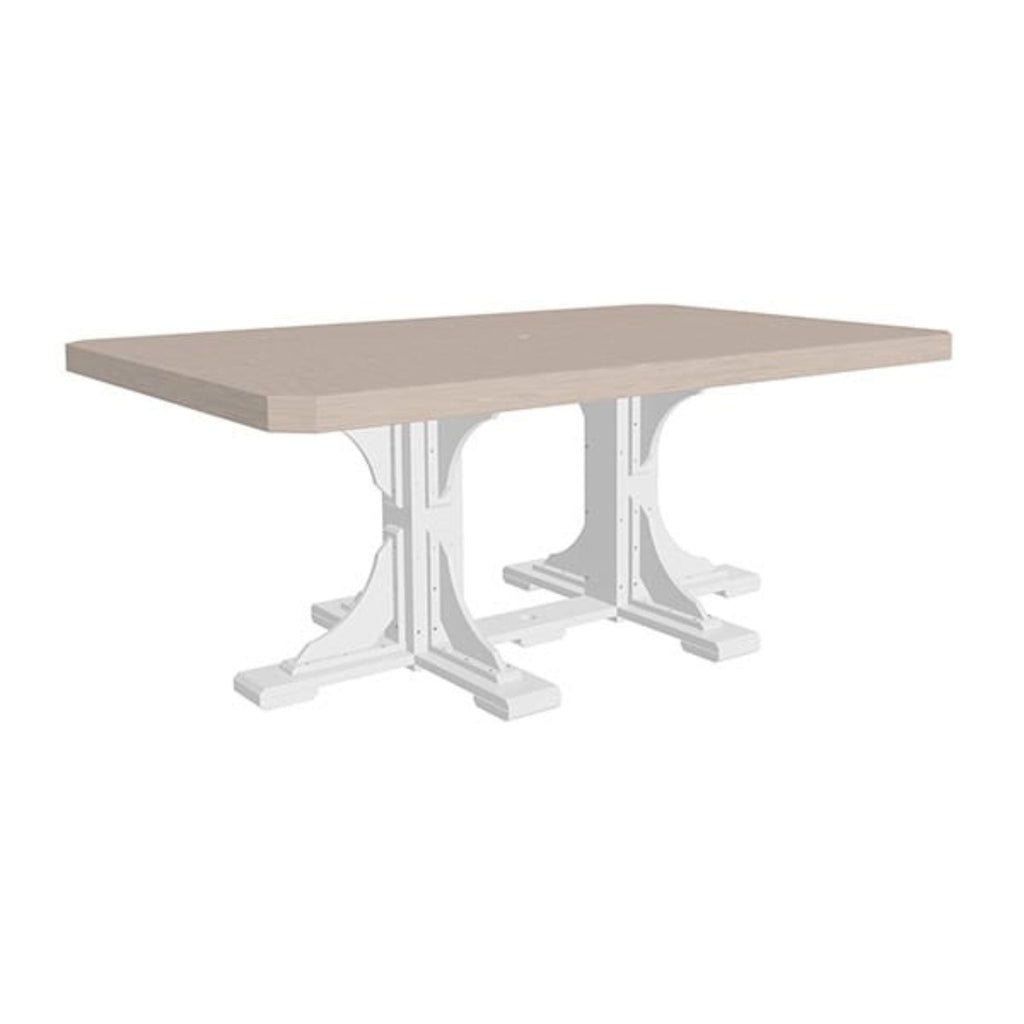 A rectangular dining table with a light beige wood-look top and a white trestle-style metal base, shown on a plain white background.
