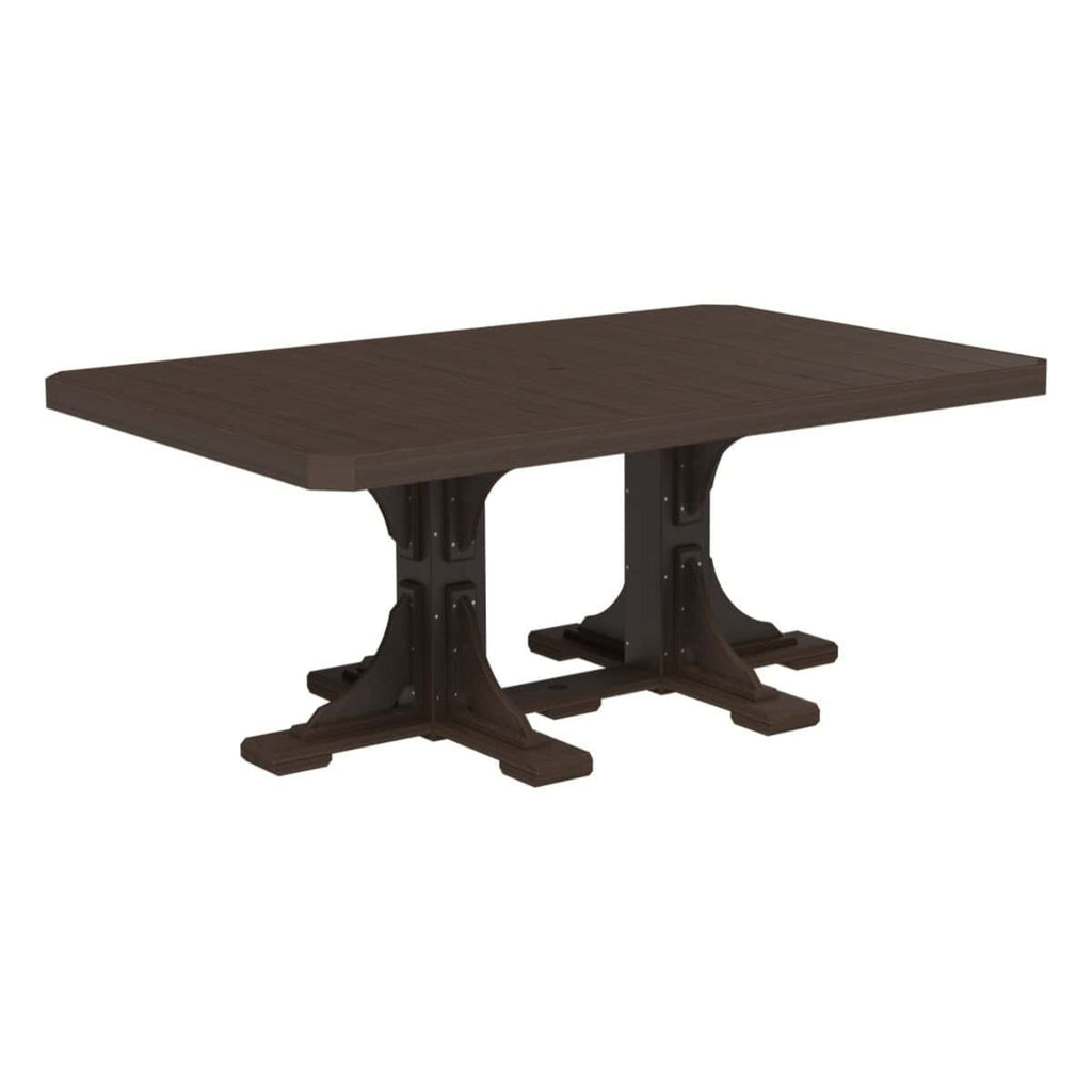 Rectangular table with brown top and black metal legs on a white background