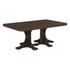 Rectangular table with brown top and black metal legs on a white background